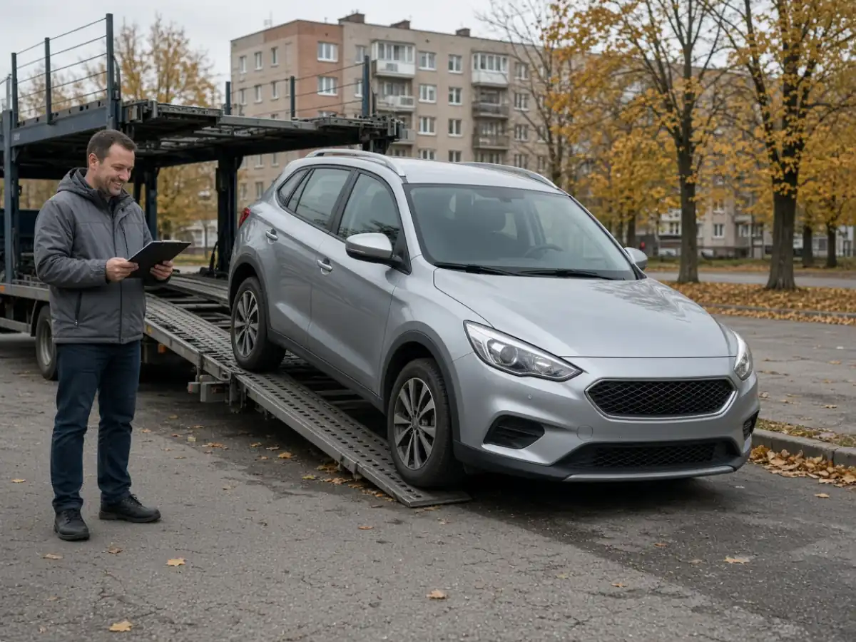 Автовоз выгружает кроссовер во дворе Жлобина осенью